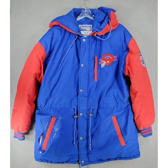 FLAWS** Vintage 90s Buffalo Bills NFL Jacket XL Parka Triple FAT‎ Goose Blue Red
